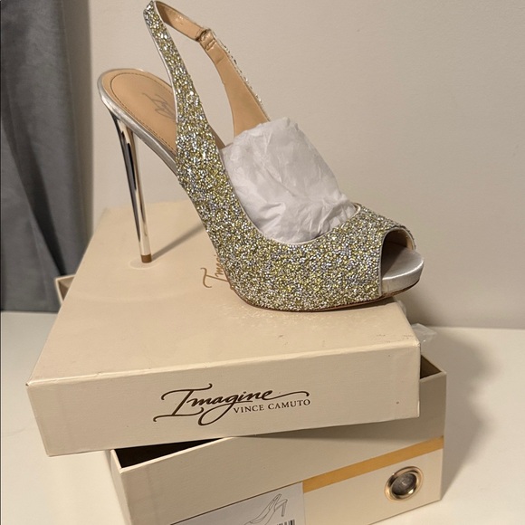 Vince Camuto Shoes - Vince Camuto Silver and Gold Glitter Peep-Toe Heels